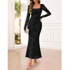 MEROKEETY Womens Fall Wedding Guest Long Sleeve Floral Mesh Maxi Dress 2026 | Formal, Square Neck, Bodycon, Fitted, Ruched, Flocked Fabric, Church, Baby Shower, Bridal Shower, Cocktail Party, Long Dress(Black)