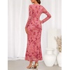 MEROKEETY Womens Fall Wedding Guest Long Sleeve Floral Mesh Maxi Dress 2026 | Formal, Square Neck, Bodycon, Fitted, Ruched, Flocked Fabric, Church, Baby Shower, Bridal Shower, Cocktail Party, Long Dress(Pink)