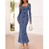 MEROKEETY Womens Fall Wedding Guest Long Sleeve Floral Mesh Maxi Dress 2026 | Formal, Square Neck, Bodycon, Fitted, Ruched, Flocked Fabric, Church, Baby Shower, Bridal Shower, Cocktail Party, Long Dress(Dustyblue)