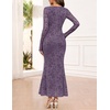MEROKEETY Womens Fall Wedding Guest Long Sleeve Floral Mesh Maxi Dress 2026 | Formal, Square Neck, Bodycon, Fitted, Ruched, Flocked Fabric, Church, Baby Shower, Bridal Shower, Cocktail Party, Long Dress(Purple)