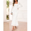MEROKEETY Womens Fall Wedding Guest Long Sleeve Floral Mesh Maxi Dress 2026 | Formal, Square Neck, Bodycon, Fitted, Ruched, Flocked Fabric, Church, Baby Shower, Bridal Shower, Cocktail Party, Long Dress(White)