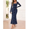 MEROKEETY Womens Fall Wedding Guest Long Sleeve Floral Mesh Maxi Dress 2026 | Formal, Square Neck, Bodycon, Fitted, Ruched, Flocked Fabric, Church, Baby Shower, Bridal Shower, Cocktail Party, Long Dress(Navy)