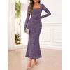 MEROKEETY Womens Fall Wedding Guest Long Sleeve Floral Mesh Maxi Dress 2026 | Formal, Square Neck, Bodycon, Fitted, Ruched, Flocked Fabric, Church, Baby Shower, Bridal Shower, Cocktail Party, Long Dress(Purple)
