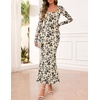 MEROKEETY Womens Fall Wedding Guest Long Sleeve Floral Mesh Maxi Dress 2026 | Formal, Square Neck, Bodycon, Fitted, Ruched, Flocked Fabric, Church, Baby Shower, Bridal Shower, Cocktail Party, Long Dress(Apricot)