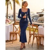 MEROKEETY Women’s Fall Wedding Guest Long Sleeve Sparkly Bodycon Maxi Dress | Long Sleeve, Ruched, Square Neck, Fitted, Mermaid Hem, Glitter, Cocktail Party, Elegant, Evening Gown, Prom, Long Dresses(Navy)