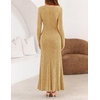 MEROKEETY Women’s Fall Wedding Guest Long Sleeve Sparkly Bodycon Maxi Dress | Long Sleeve, Ruched, Square Neck, Fitted, Mermaid Hem, Glitter, Cocktail Party, Elegant, Evening Gown, Prom, Long Dresses(Gold)