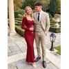 MEROKEETY Women’s Fall Wedding Guest Long Sleeve Sparkly Bodycon Maxi Dress | Long Sleeve, Ruched, Square Neck, Fitted, Mermaid Hem, Glitter, Cocktail Party, Elegant, Evening Gown, Prom, Long Dresses(Wine)