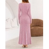 MEROKEETY Women’s Fall Wedding Guest Long Sleeve Sparkly Bodycon Maxi Dress | Long Sleeve, Ruched, Square Neck, Fitted, Mermaid Hem, Glitter, Cocktail Party, Elegant, Evening Gown, Prom, Long Dresses(Pink)