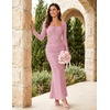 MEROKEETY Women’s Fall Wedding Guest Long Sleeve Sparkly Bodycon Maxi Dress | Long Sleeve, Ruched, Square Neck, Fitted, Mermaid Hem, Glitter, Cocktail Party, Elegant, Evening Gown, Prom, Long Dresses(Pink)