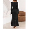 MEROKEETY Women’s Fall Wedding Guest Long Sleeve Sparkly Bodycon Maxi Dress | Long Sleeve, Ruched, Square Neck, Fitted, Mermaid Hem, Glitter, Cocktail Party, Elegant, Evening Gown, Prom, Long Dresses(Black)