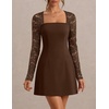 MEROKEETY Women’s Lace Long Sleeve Square Neck Cocktail Club Mini Dress | Square Neck, Party, Date Night, Wedding Guest, A-line, Slim Fit, Short Dress, Fall, Elegant Dressy, Formal, Knit, High Waist(Coffee)