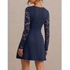 MEROKEETY Women’s Lace Long Sleeve Square Neck Cocktail Club Mini Dress | Square Neck, Party, Date Night, Wedding Guest, A-line, Slim Fit, Short Dress, Fall, Elegant Dressy, Formal, Knit, High Waist(Navy)