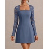 MEROKEETY Women’s Lace Long Sleeve Square Neck Cocktail Club Mini Dress | Square Neck, Party, Date Night, Wedding Guest, A-line, Slim Fit, Short Dress, Fall, Elegant Dressy, Formal, Knit, High Waist(Dusty Blue)