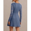 MEROKEETY Women’s Lace Long Sleeve Square Neck Cocktail Club Mini Dress | Square Neck, Party, Date Night, Wedding Guest, A-line, Slim Fit, Short Dress, Fall, Elegant Dressy, Formal, Knit, High Waist(Dusty Blue)