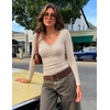 MEROKEETY Women’s Lace Trim V Neck Cute Tops Long Sleeve Henley Shirt | Ribbed Knit Shirts, Slim Fitted, Button Down, Going Out Y2k Tops, Ruched Casual Outfits, Fall Fashion Layering Clothing(Sand)