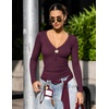MEROKEETY Women’s Lace Trim V Neck Cute Tops Long Sleeve Henley Shirt | Ribbed Knit Shirts, Slim Fitted, Button Down, Going Out Y2k Tops, Ruched Casual Outfits, Fall Fashion Layering Clothing(Burgundy)