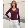 MEROKEETY Women’s Lace Trim V Neck Cute Tops Long Sleeve Henley Shirt | Ribbed Knit Shirts, Slim Fitted, Button Down, Going Out Y2k Tops, Ruched Casual Outfits, Fall Fashion Layering Clothing(Burgundy)