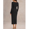 MEROKEETY Women’s Long Sleeve Bodycon Fall Wedding Guest Elegant Maxi Dress | Classic Boat Neck, Slim Fit, Double Lined, 2026 Trendy Fashion, Modest Minimalist Design, Formal Cocktail Party Long Dresses(Black)