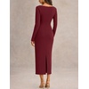 MEROKEETY Women’s Long Sleeve Bodycon Fall Wedding Guest Elegant Maxi Dress | Classic Boat Neck, Slim Fit, Double Lined, 2026 Trendy Fashion, Modest Minimalist Design, Formal Cocktail Party Long Dresses(Wine)