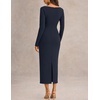 MEROKEETY Women’s Long Sleeve Bodycon Fall Wedding Guest Elegant Maxi Dress | Classic Boat Neck, Slim Fit, Double Lined, 2026 Trendy Fashion, Modest Minimalist Design, Formal Cocktail Party Long Dresses(Navy)