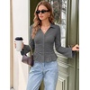 MEROKEETY Women’s Long Sleeve Button Down Shirts 2026 Fall Collared Ruched V Neck Business Casual Tops Ruffle Knit Blouses(Gray)