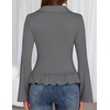 MEROKEETY Women’s Long Sleeve Button Down Shirts 2026 Fall Collared Ruched V Neck Business Casual Tops Ruffle Knit Blouses(Gray)