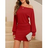 MEROKEETY Women’s Off Shoulder Fall Long Sleeve Cocktail Party Mini Dresses | Bodycon, Dolman Sleeve, Asymmetrical, Ruched Waist, High Waist, Slim Fit, Date Night, Cocktail Party, Y2K, Club Short Dress(Red)