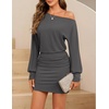 MEROKEETY Women’s Off Shoulder Fall Long Sleeve Cocktail Party Mini Dresses | Bodycon, Dolman Sleeve, Asymmetrical, Ruched Waist, High Waist, Slim Fit, Date Night, Cocktail Party, Y2K, Club Short Dress(Grey)