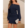 MEROKEETY Women’s Off Shoulder Fall Long Sleeve Cocktail Party Mini Dresses | Bodycon, Dolman Sleeve, Asymmetrical, Ruched Waist, High Waist, Slim Fit, Date Night, Cocktail Party, Y2K, Club Short Dress(Navy)