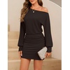 MEROKEETY Women’s Off Shoulder Fall Long Sleeve Cocktail Party Mini Dresses | Bodycon, Dolman Sleeve, Asymmetrical, Ruched Waist, High Waist, Slim Fit, Date Night, Cocktail Party, Y2K, Club Short Dress(Coffee)