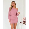 MEROKEETY Women’s Off Shoulder Fall Long Sleeve Cocktail Party Mini Dresses | Bodycon, Dolman Sleeve, Asymmetrical, Ruched Waist, High Waist, Slim Fit, Date Night, Cocktail Party, Y2K, Club Short Dress(Pink)