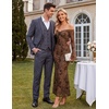 MEROKEETY Women’s Off The Shoulder Bodycon Fall Wedding Guest Maxi Dress | Bell Long Sleeve, Floral Mesh, Fully Lined, Ruched Bust, 2026 Winter, Elegant Sexy Trendy, Formal Cocktail Date night Dresses(Brown)