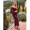 MEROKEETY Women’s Off The Shoulder Bodycon Fall Wedding Guest Maxi Dress | Bell Long Sleeve, Floral Mesh, Fully Lined, Ruched Bust, 2026 Winter, Elegant Sexy Trendy, Formal Cocktail Date night Dresses(Burgundy)