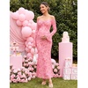 MEROKEETY Women’s Off The Shoulder Bodycon Fall Wedding Guest Maxi Dress | Bell Long Sleeve, Floral Mesh, Fully Lined, Ruched Bust, 2026 Winter, Elegant Sexy Trendy, Formal Cocktail Date night Dresses(Pink)