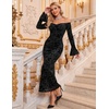MEROKEETY Women’s Off The Shoulder Bodycon Fall Wedding Guest Maxi Dress | Bell Long Sleeve, Floral Mesh, Fully Lined, Ruched Bust, 2026 Winter, Elegant Sexy Trendy, Formal Cocktail Date night Dresses(Black)