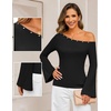MEROKEETY Women’s Off The Shoulder Going Out Long Sleeve Tops | Asymmetrical Neck, Metal Rivets, Slim Fit, Cute Shirts, Fall Fashion, Y2k Clothes, Date Night, Streetwear, Trendy Outfits(Black)