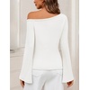 MEROKEETY Women’s Off The Shoulder Going Out Long Sleeve Tops | Asymmetrical Neck, Metal Rivets, Slim Fit, Cute Shirts, Fall Fashion, Y2k Clothes, Date Night, Streetwear, Trendy Outfits(White)