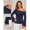 MEROKEETY Women’s Off The Shoulder Going Out Long Sleeve Tops | Asymmetrical Neck, Metal Rivets, Slim Fit, Cute Shirts, Fall Fashion, Y2k Clothes, Date Night, Streetwear, Trendy Outfits(Navy)