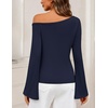 MEROKEETY Women’s Off The Shoulder Going Out Long Sleeve Tops | Asymmetrical Neck, Metal Rivets, Slim Fit, Cute Shirts, Fall Fashion, Y2k Clothes, Date Night, Streetwear, Trendy Outfits(Navy)