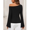 MEROKEETY Women’s Off The Shoulder Going Out Long Sleeve Tops | Asymmetrical Neck, Metal Rivets, Slim Fit, Cute Shirts, Fall Fashion, Y2k Clothes, Date Night, Streetwear, Trendy Outfits(Black)