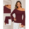 MEROKEETY Women’s Off The Shoulder Going Out Long Sleeve Tops | Asymmetrical Neck, Metal Rivets, Slim Fit, Cute Shirts, Fall Fashion, Y2k Clothes, Date Night, Streetwear, Trendy Outfits(Wine)