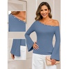 MEROKEETY Women’s Off The Shoulder Going Out Long Sleeve Tops | Asymmetrical Neck, Metal Rivets, Slim Fit, Cute Shirts, Fall Fashion, Y2k Clothes, Date Night, Streetwear, Trendy Outfits(Dustyblue)