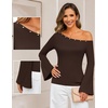 MEROKEETY Women’s Off The Shoulder Going Out Long Sleeve Tops | Asymmetrical Neck, Metal Rivets, Slim Fit, Cute Shirts, Fall Fashion, Y2k Clothes, Date Night, Streetwear, Trendy Outfits(Coffee)