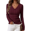 MEROKEETY Womens Fall Long Sleeve Cable Knit Shirts Trendy Top | V Neck, Fitted, Lightweight, Stretchy Textured Knit, Going Out Outfits, Business Casual Blouse, Dressy Work Top, Y2K Clothes(Burgundy)