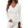 MEROKEETY Womens Fall Long Sleeve Cable Knit Shirts Trendy Top | V Neck, Fitted, Lightweight, Stretchy Textured Knit, Going Out Outfits, Business Casual Blouse, Dressy Work Top, Y2K Clothes(White)