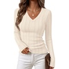 MEROKEETY Womens Fall Long Sleeve Cable Knit Shirts Trendy Top | V Neck, Fitted, Lightweight, Stretchy Textured Knit, Going Out Outfits, Business Casual Blouse, Dressy Work Top, Y2K Clothes(Apricot)