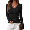 MEROKEETY Womens Fall Long Sleeve Cable Knit Shirts Trendy Top | V Neck, Fitted, Lightweight, Stretchy Textured Knit, Going Out Outfits, Business Casual Blouse, Dressy Work Top, Y2K Clothes(Black)