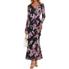 MEROKEETY Womens Fall Wedding Guest Floral Long Sleeve Bodycon Maxi Dress | 2026, Formal, V Neck, Ruffle Trim, Cocktail Party, Rehearsal Dinner, Bridal Shower, Baby Shower, Engagement, Long Dresses(Pink)