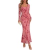 MEROKEETY Womens Fall Wedding Guest Long Sleeve Floral Mesh Maxi Dress 2026 | Formal, Square Neck, Bodycon, Fitted, Ruched, Flocked Fabric, Church, Baby Shower, Bridal Shower, Cocktail Party, Long Dress(Pink)
