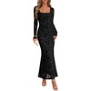 MEROKEETY Womens Fall Wedding Guest Long Sleeve Floral Mesh Maxi Dress 2026 | Formal, Square Neck, Bodycon, Fitted, Ruched, Flocked Fabric, Church, Baby Shower, Bridal Shower, Cocktail Party, Long Dress(Black)